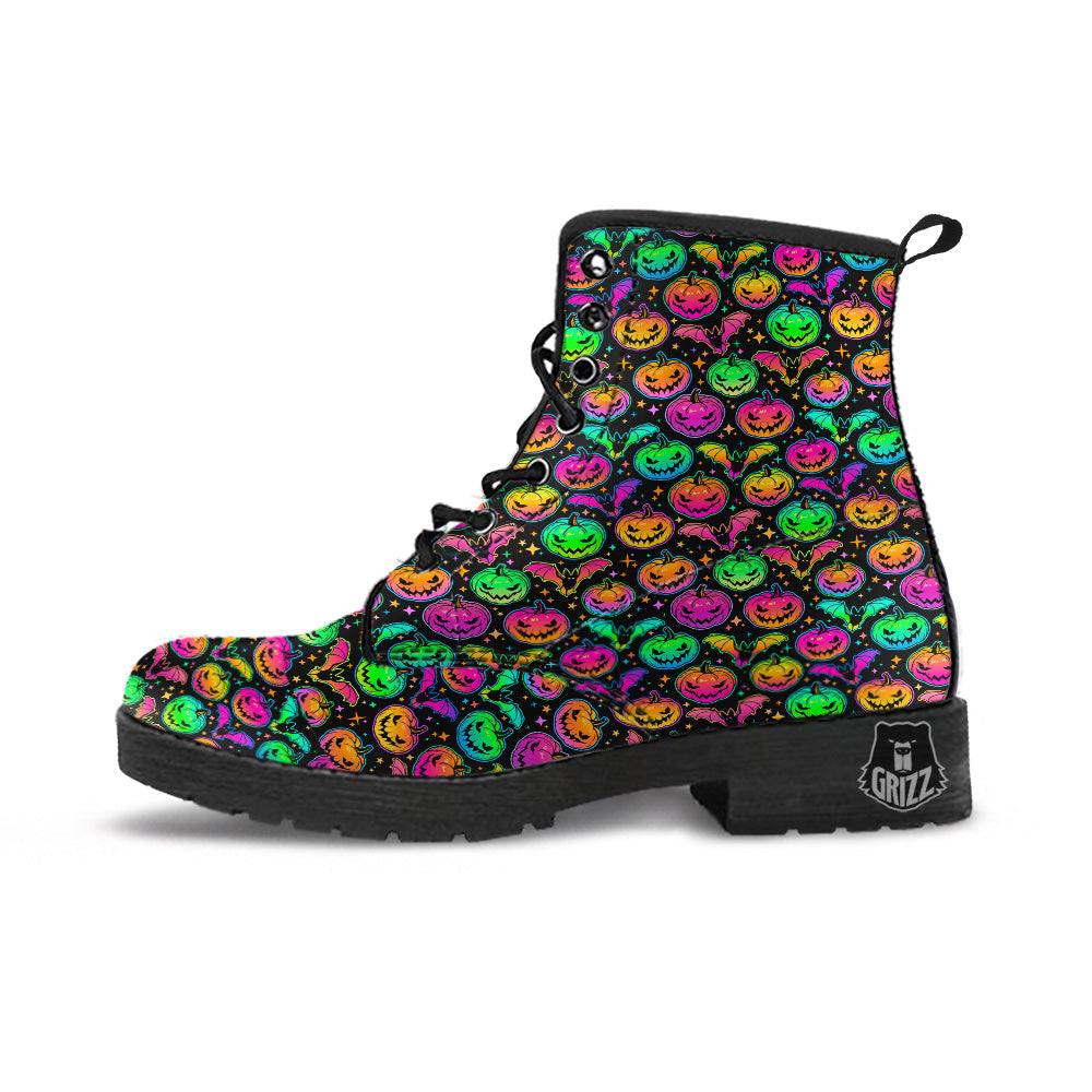Neon Pumpkins And Bat Halloween Print Pattern Leather Boots-grizzshop