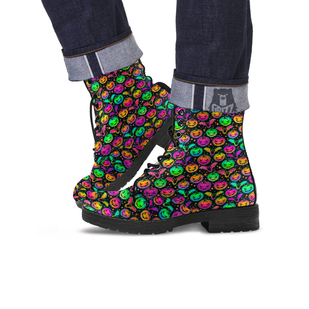 Neon Pumpkins And Bat Halloween Print Pattern Leather Boots-grizzshop