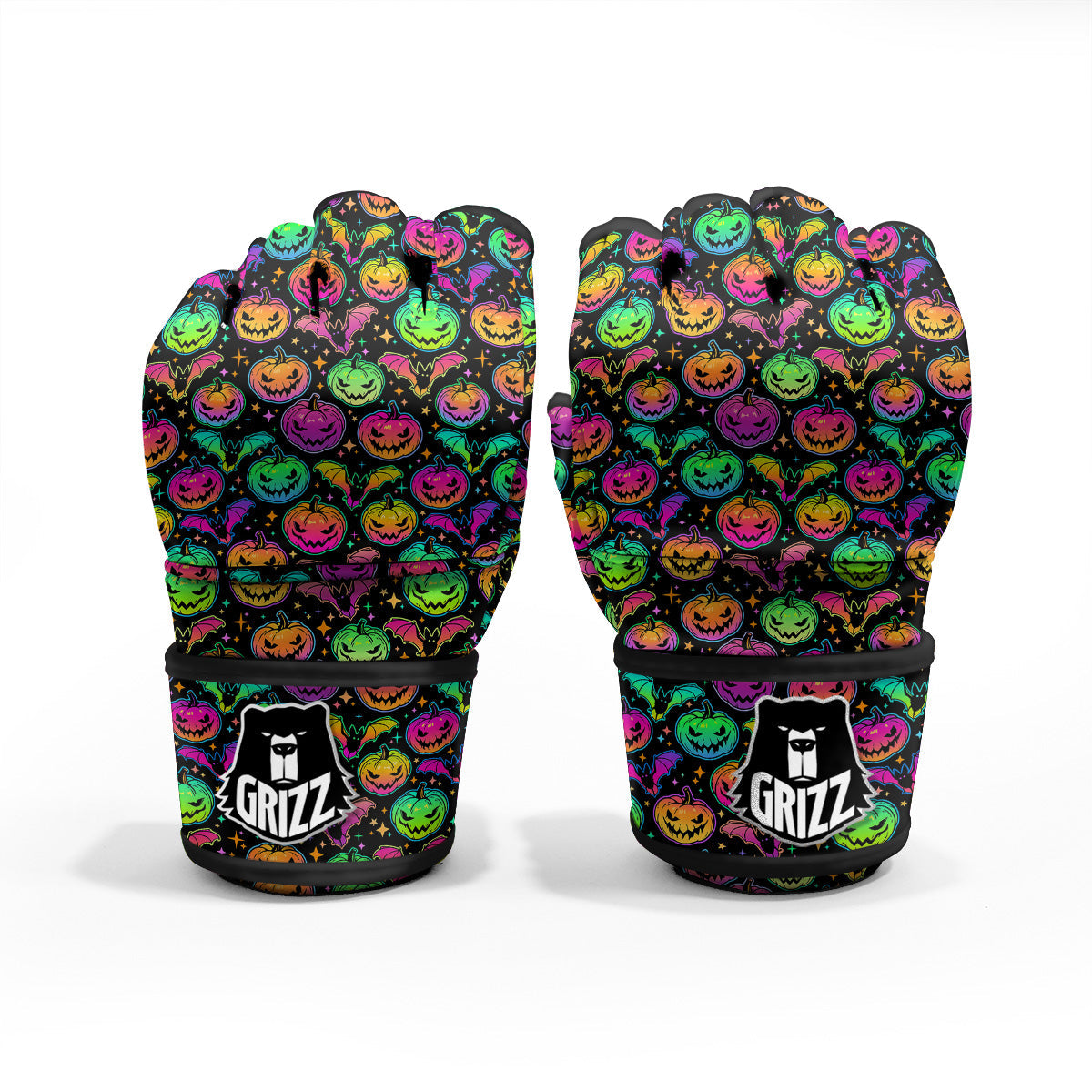Neon Pumpkins And Bat Halloween Print Pattern MMA Gloves-grizzshop