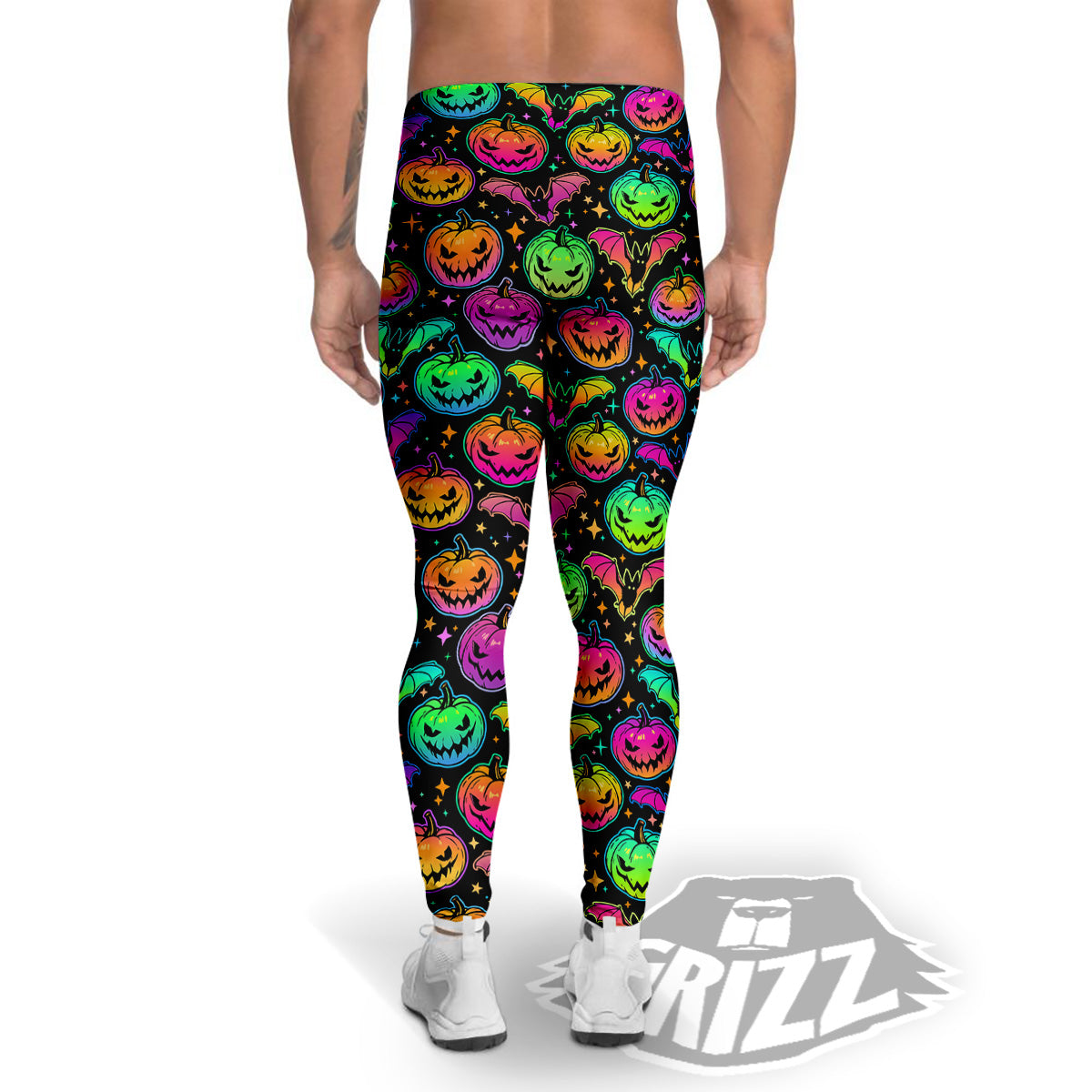 Neon Pumpkins And Bat Halloween Print Pattern Men's Leggings-grizzshop