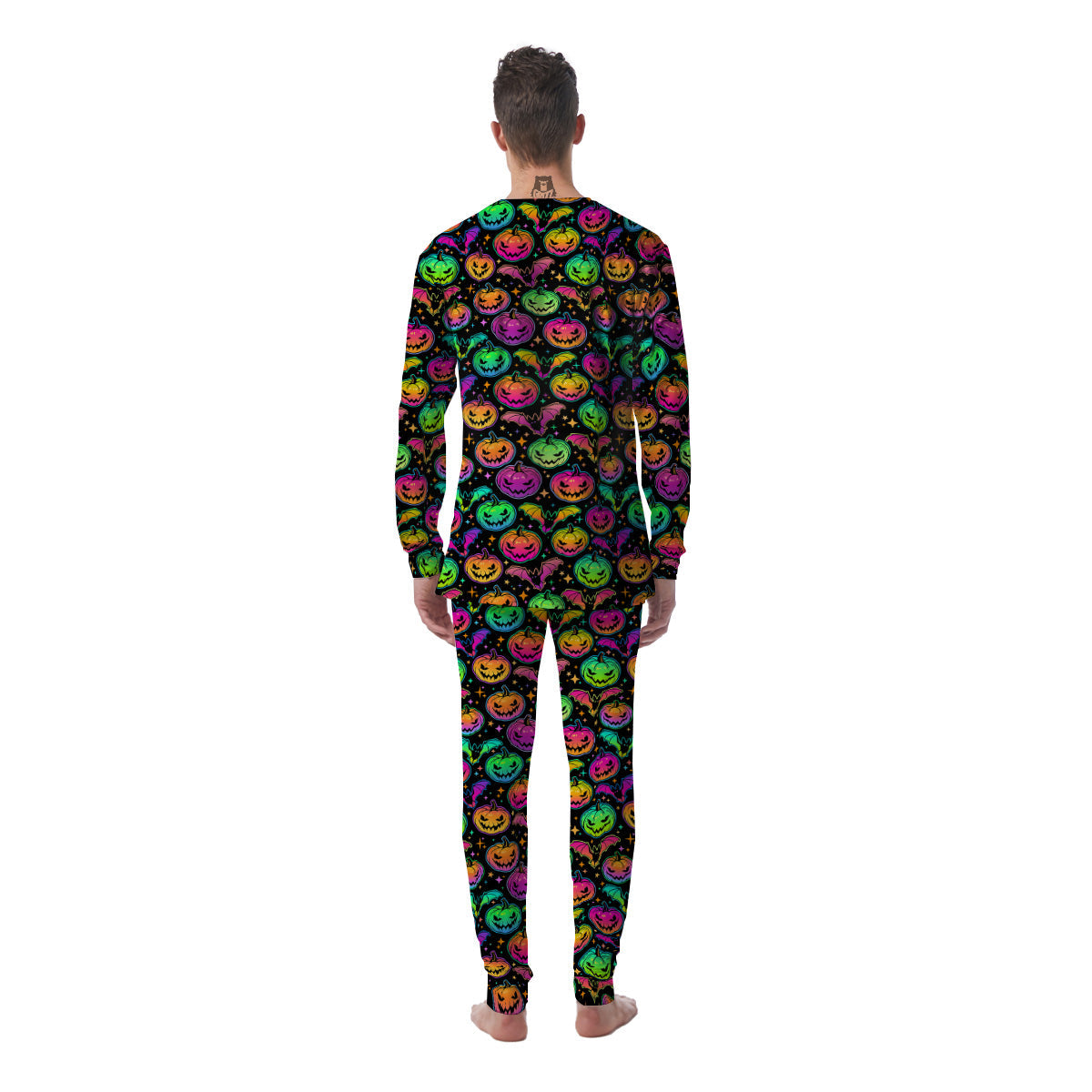 Neon Pumpkins And Bat Halloween Print Pattern Men's Pajamas-grizzshop