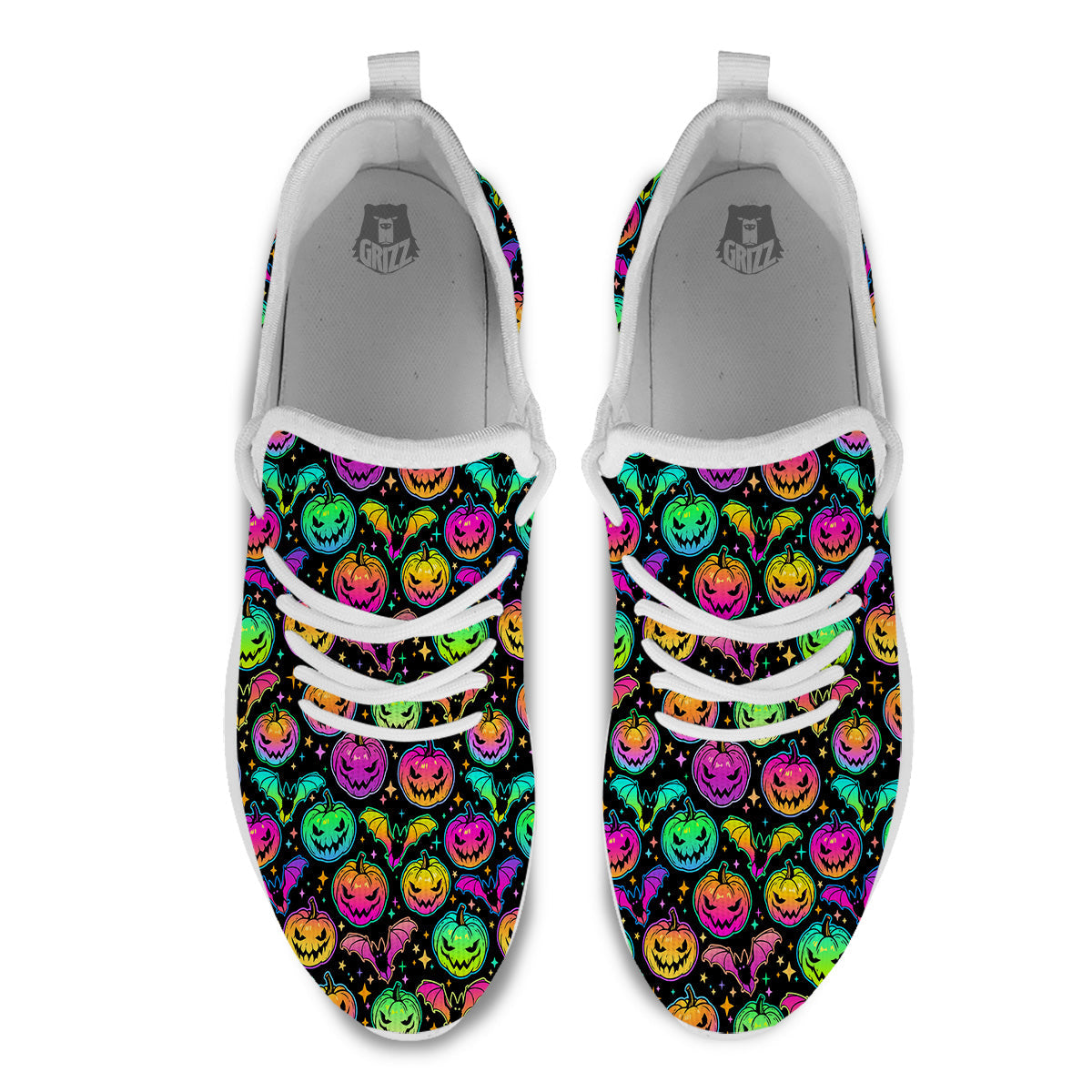 Neon Pumpkins And Bat Halloween Print Pattern White Athletic Shoes-grizzshop