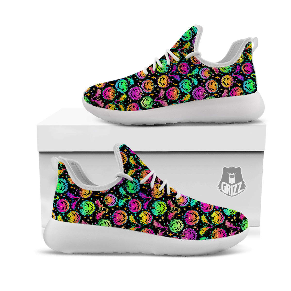 Neon Pumpkins And Bat Halloween Print Pattern White Athletic Shoes-grizzshop