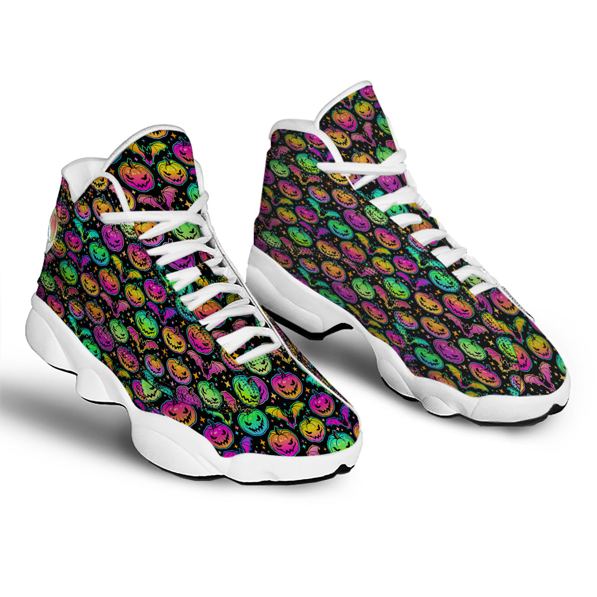 Neon Pumpkins And Bat Halloween Print Pattern White Basketball Shoes-grizzshop