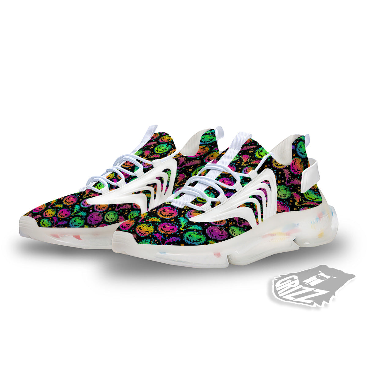 Neon Pumpkins And Bat Halloween Print Pattern White Gym Shoes-grizzshop