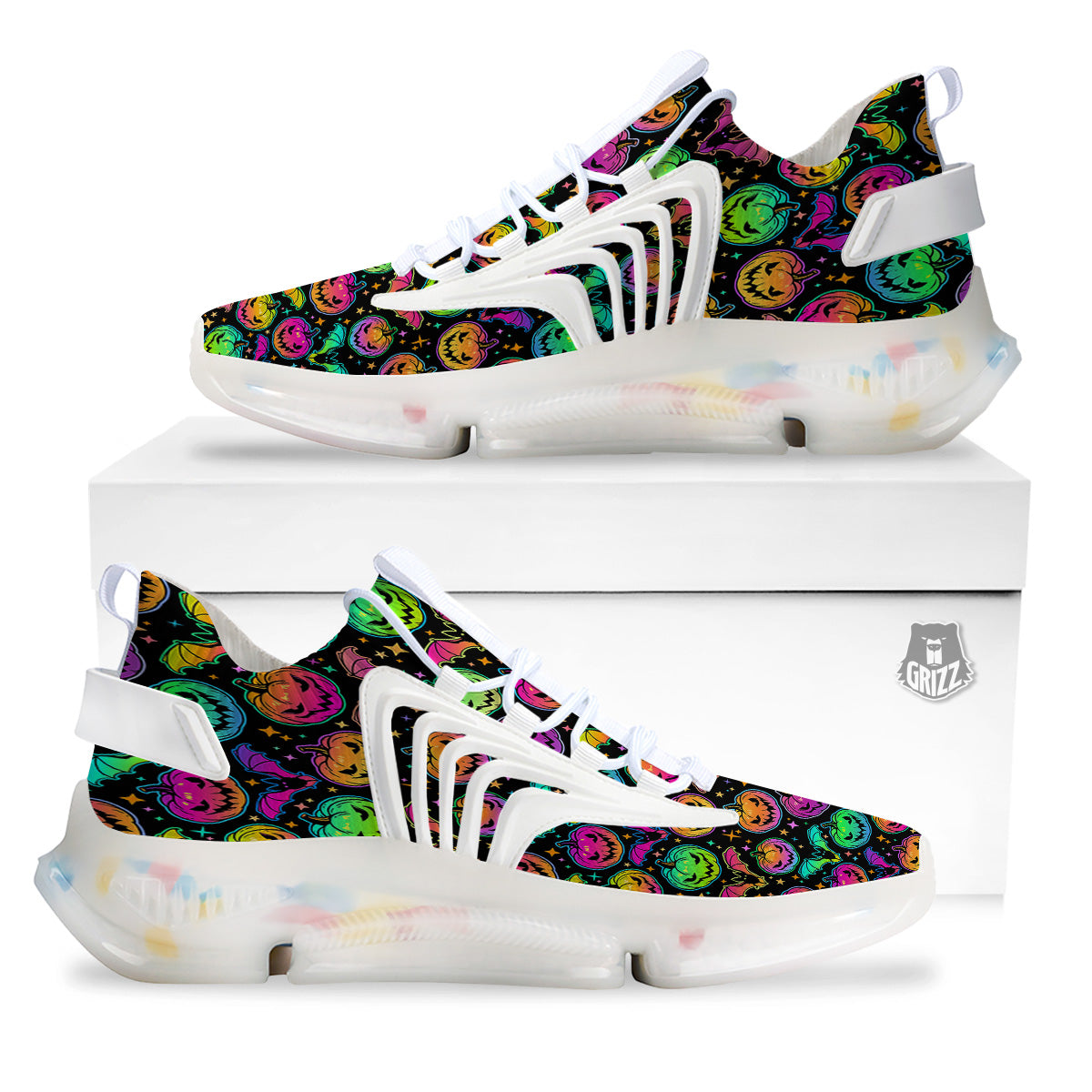 Neon Pumpkins And Bat Halloween Print Pattern White Gym Shoes-grizzshop