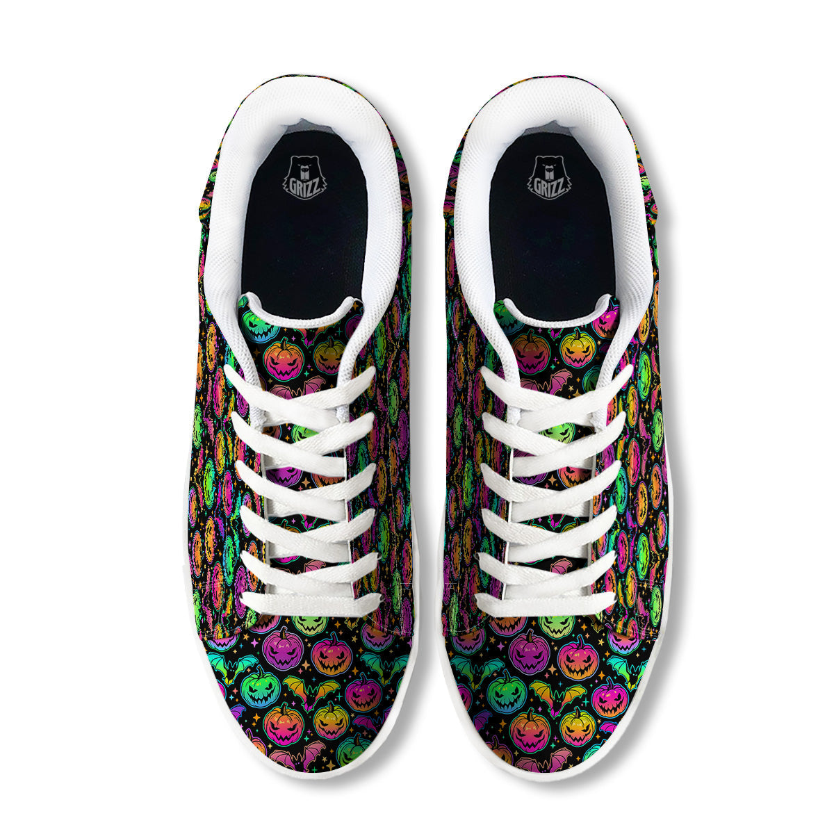 Neon Pumpkins And Bat Halloween Print Pattern White Low Top Sneakers-grizzshop