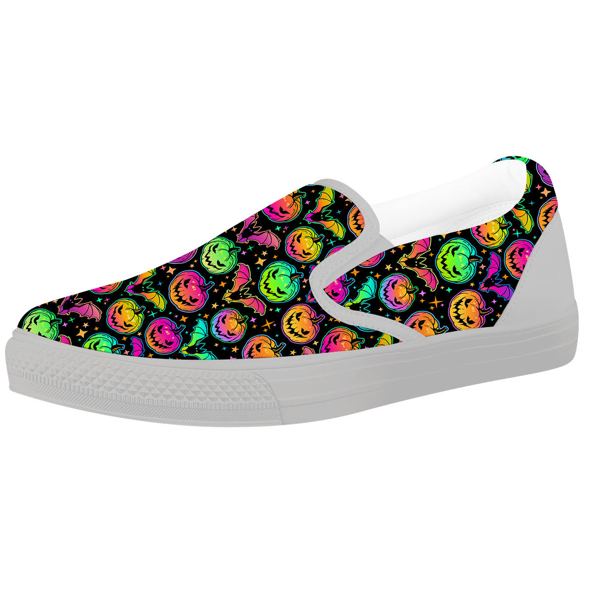 Neon Pumpkins And Bat Halloween Print Pattern White Slip On Shoes-grizzshop