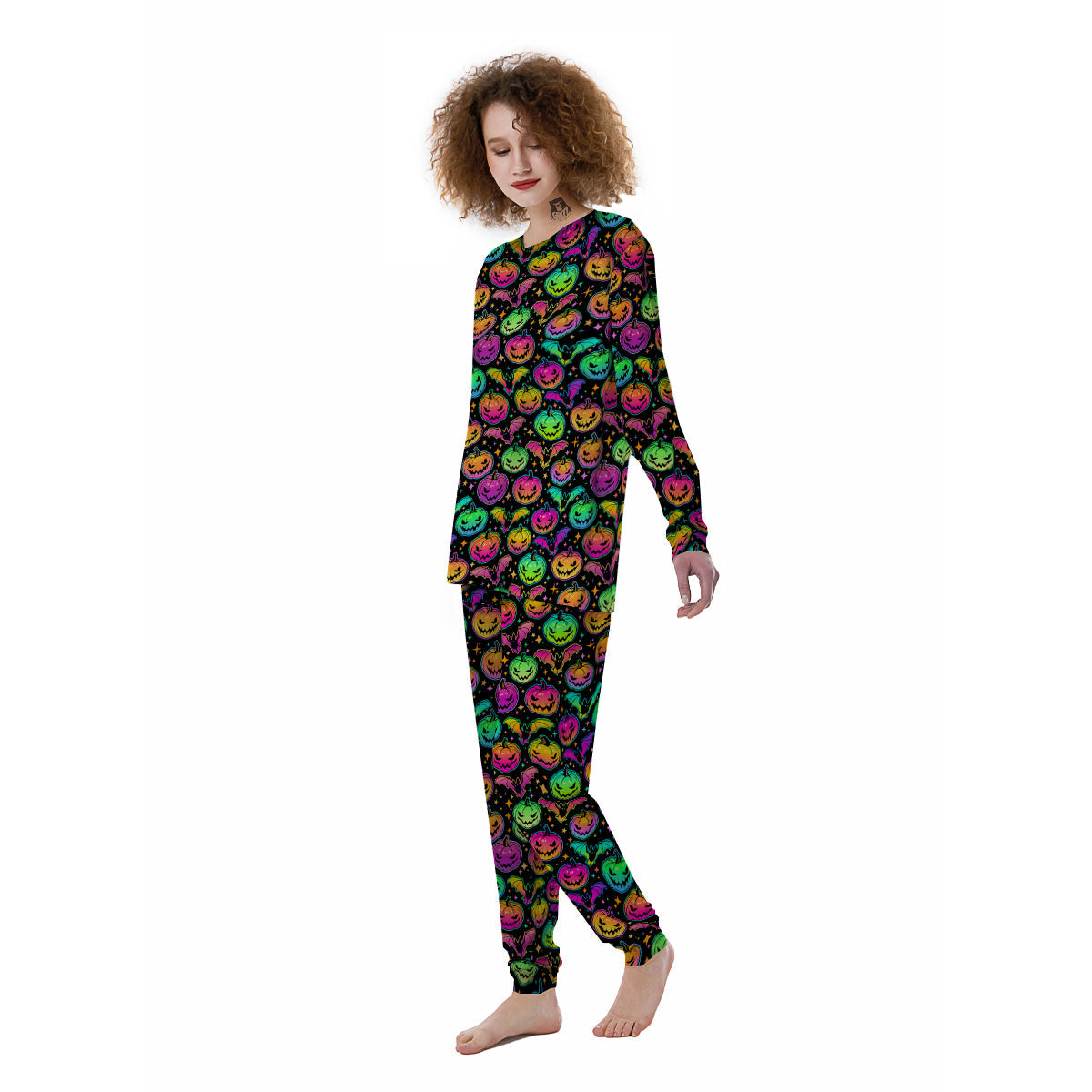 Neon Pumpkins And Bat Halloween Print Pattern Women's Pajamas-grizzshop