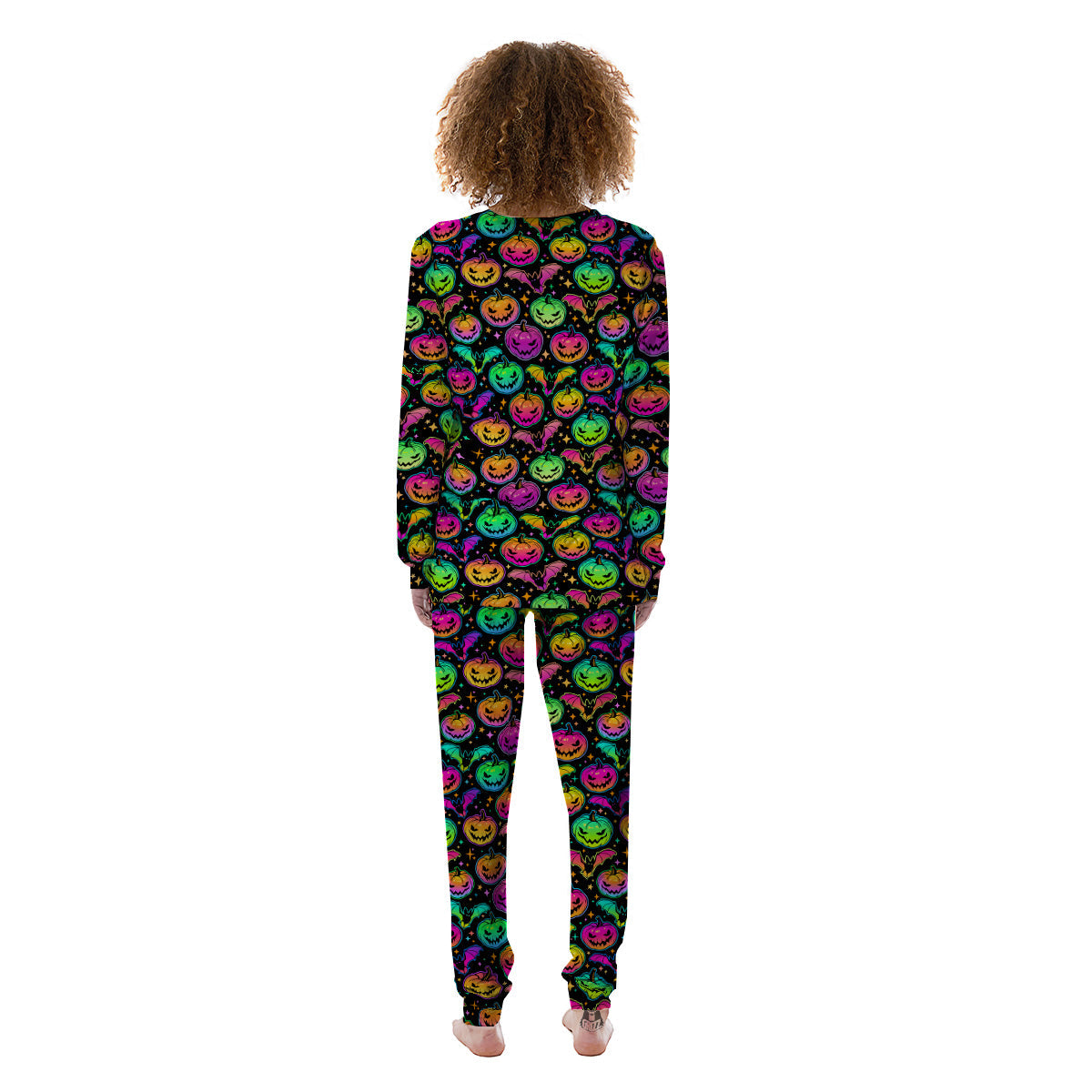 Neon Pumpkins And Bat Halloween Print Pattern Women's Pajamas-grizzshop