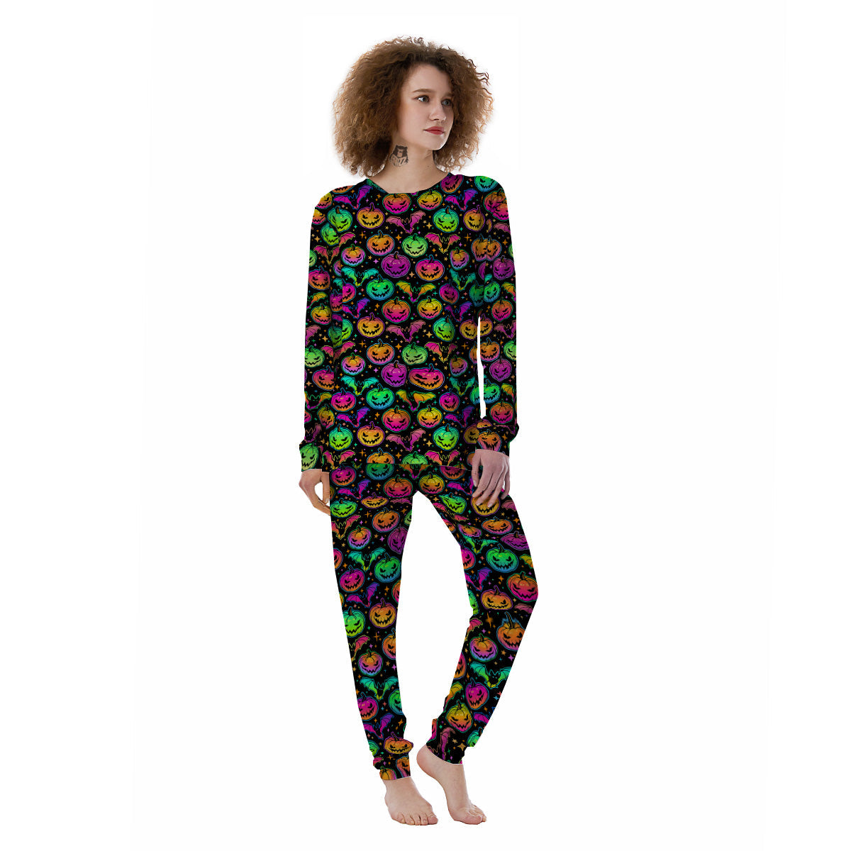 Neon Pumpkins And Bat Halloween Print Pattern Women's Pajamas-grizzshop
