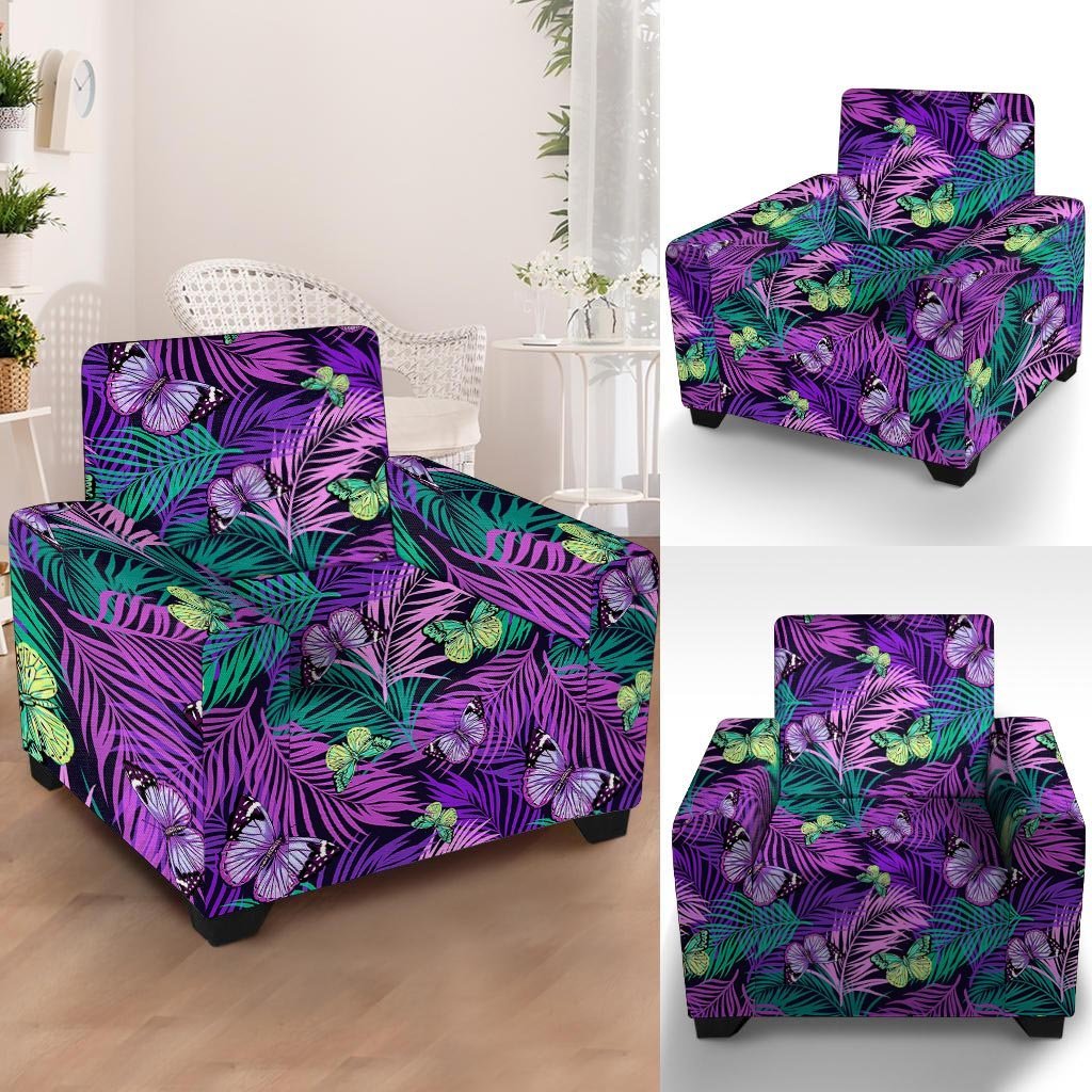 Neon Purple Tropical Palm Tree Butterfly Print Armchair Cover-grizzshop