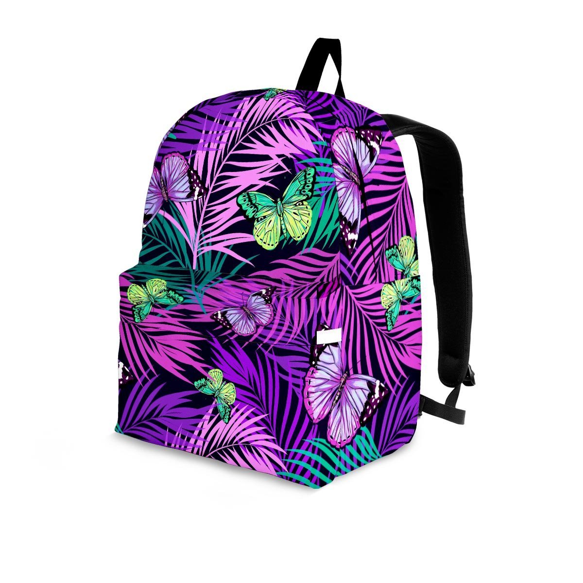 Neon Purple Tropical Palm Tree Butterfly Print Backpack-grizzshop