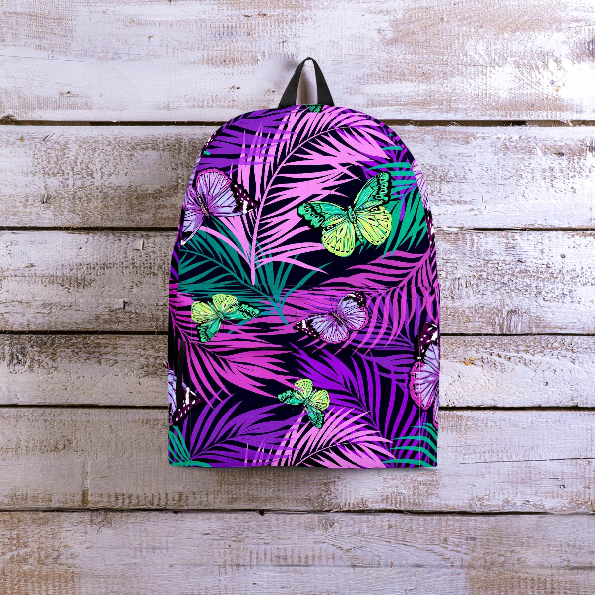 Neon Purple Tropical Palm Tree Butterfly Print Backpack-grizzshop