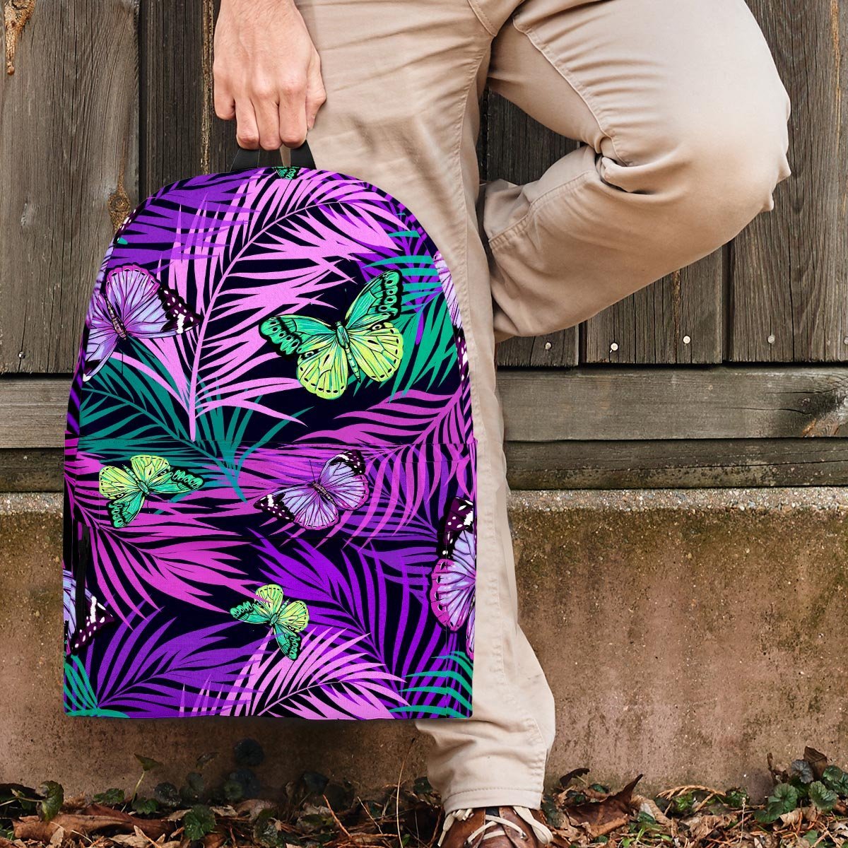 Neon Purple Tropical Palm Tree Butterfly Print Backpack-grizzshop