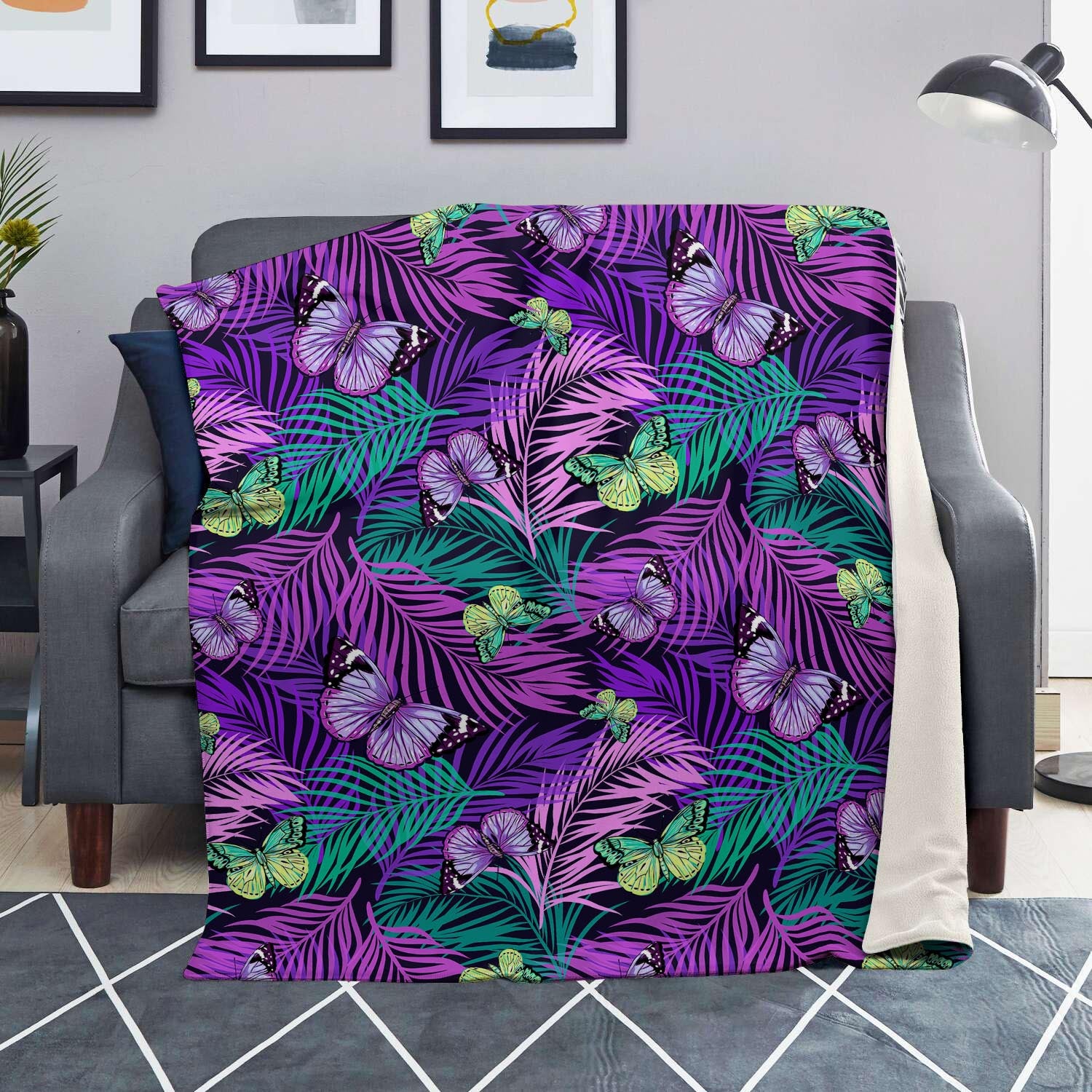 Neon Purple Tropical Palm Tree Butterfly Print Blanket-grizzshop