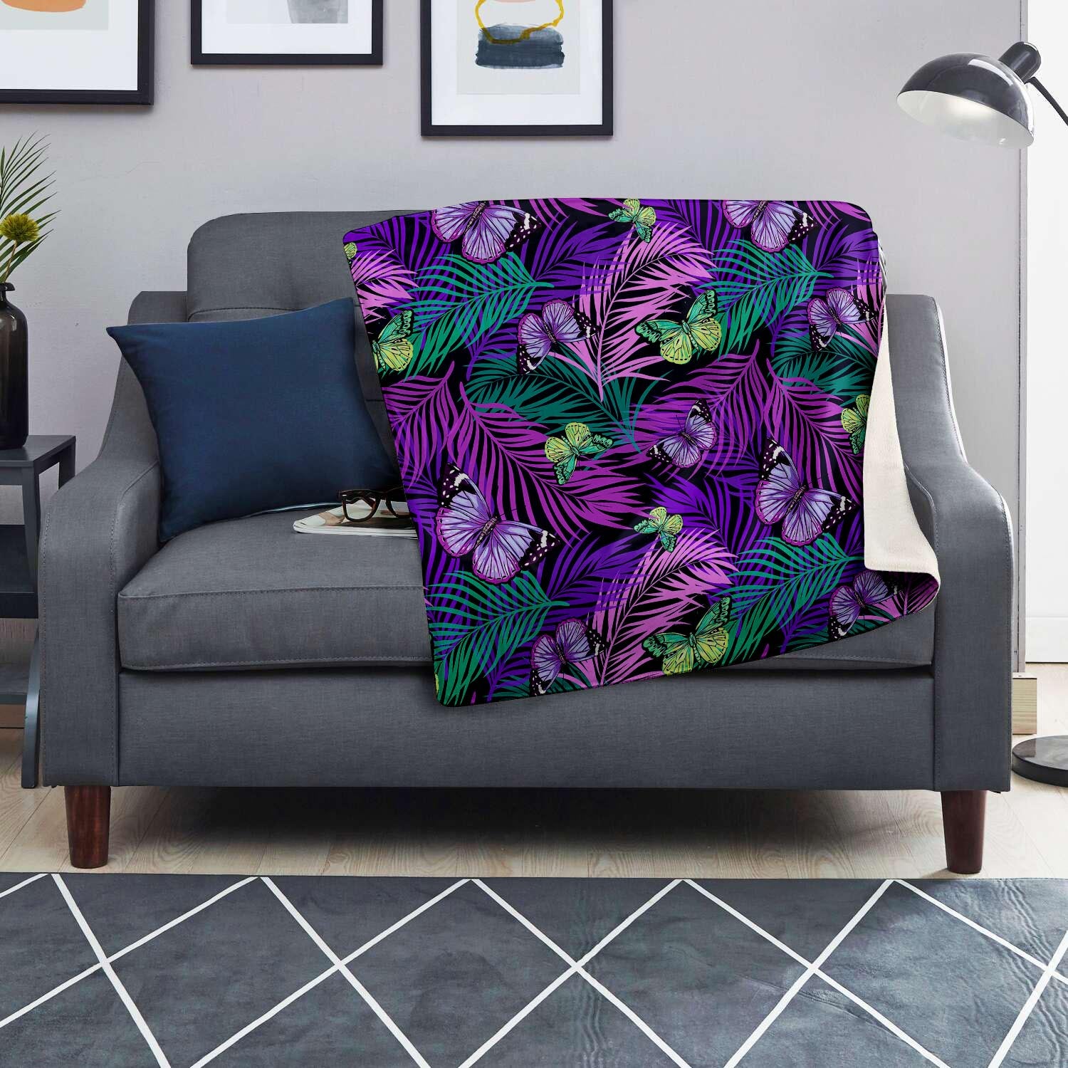 Neon Purple Tropical Palm Tree Butterfly Print Blanket-grizzshop