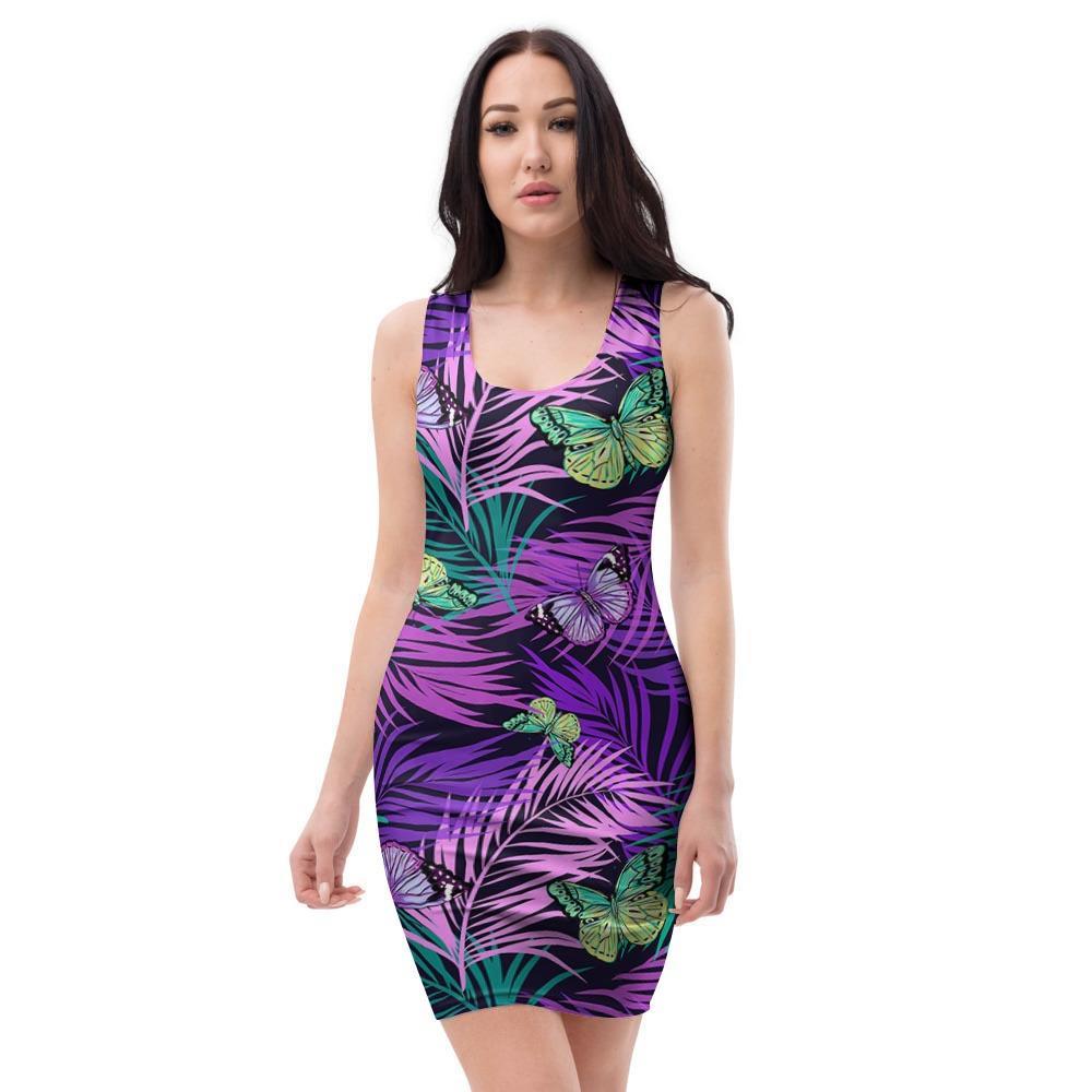 Neon Purple Tropical Palm Tree Butterfly Print Bodycon Dress-grizzshop