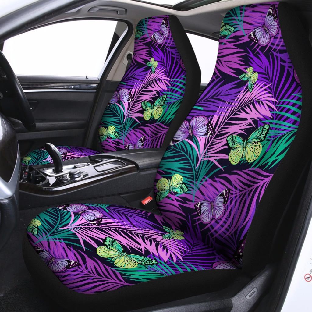 Neon Purple Tropical Palm Tree Butterfly Print Car Seat Covers-grizzshop