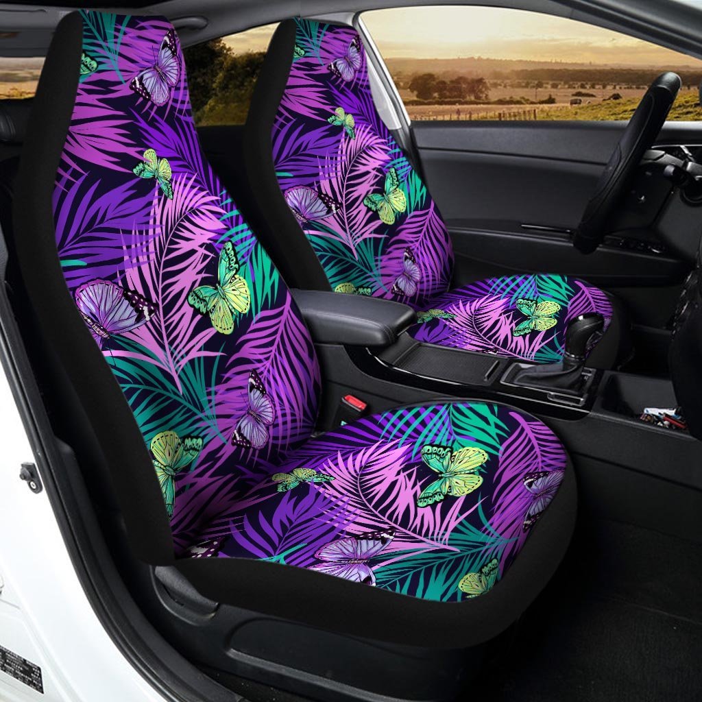 Neon Purple Tropical Palm Tree Butterfly Print Car Seat Covers-grizzshop