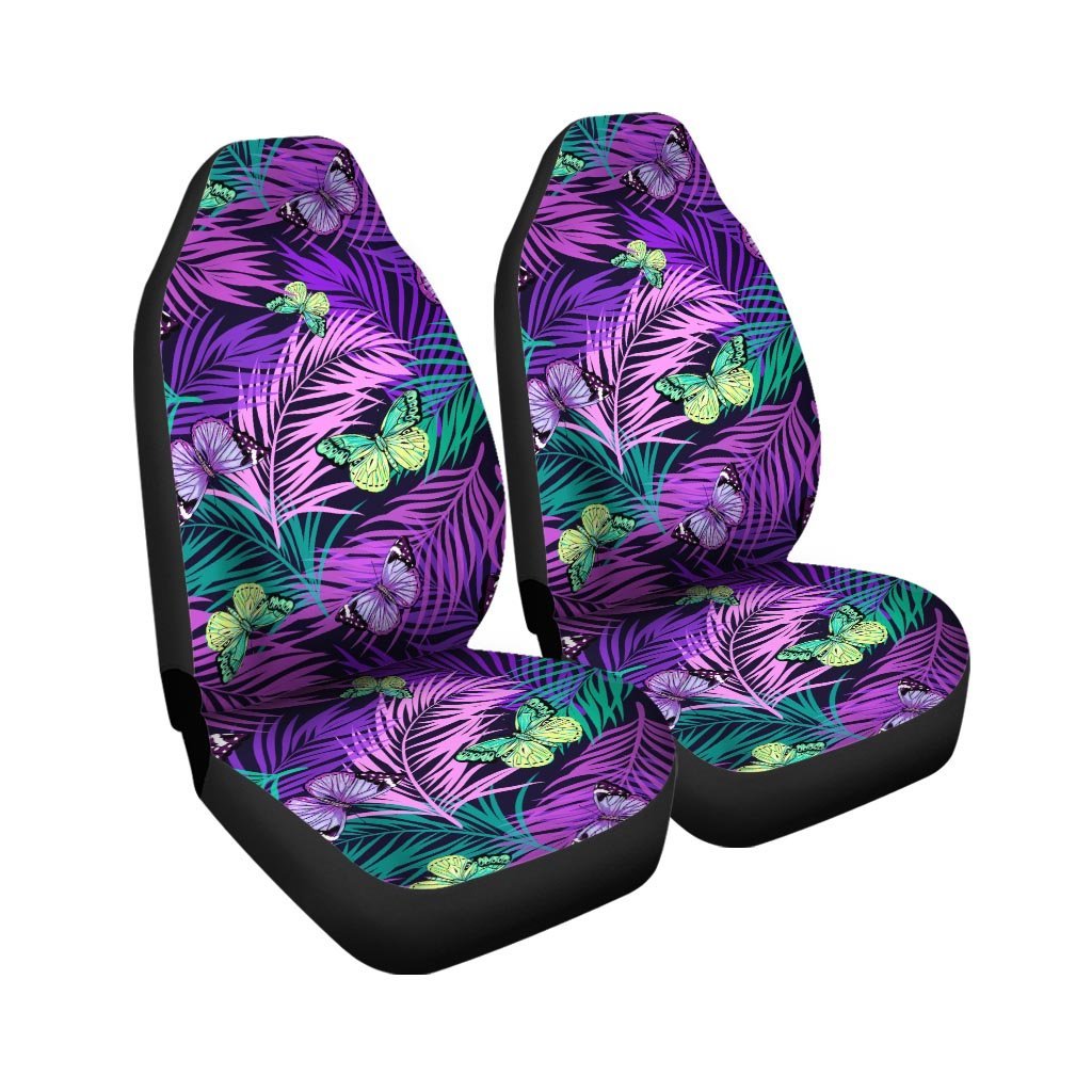 Neon Purple Tropical Palm Tree Butterfly Print Car Seat Covers-grizzshop