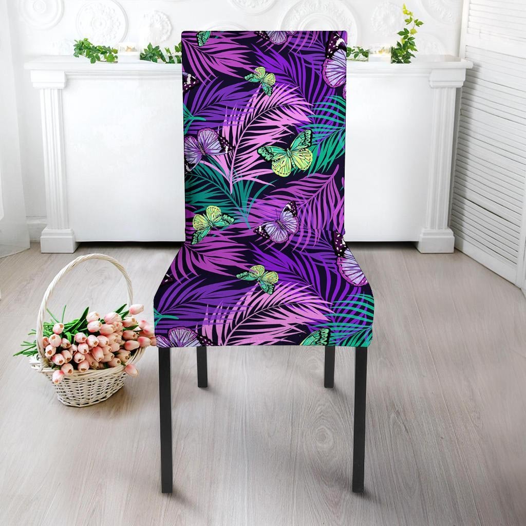 Neon Purple Tropical Palm Tree Butterfly Print Chair Cover-grizzshop