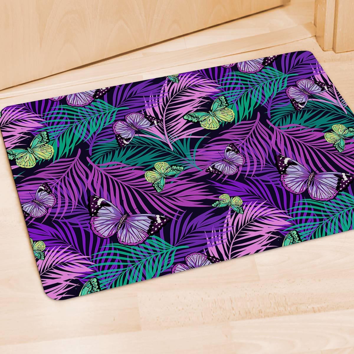 Neon Purple Tropical Palm Tree Butterfly Print Door Mat-grizzshop