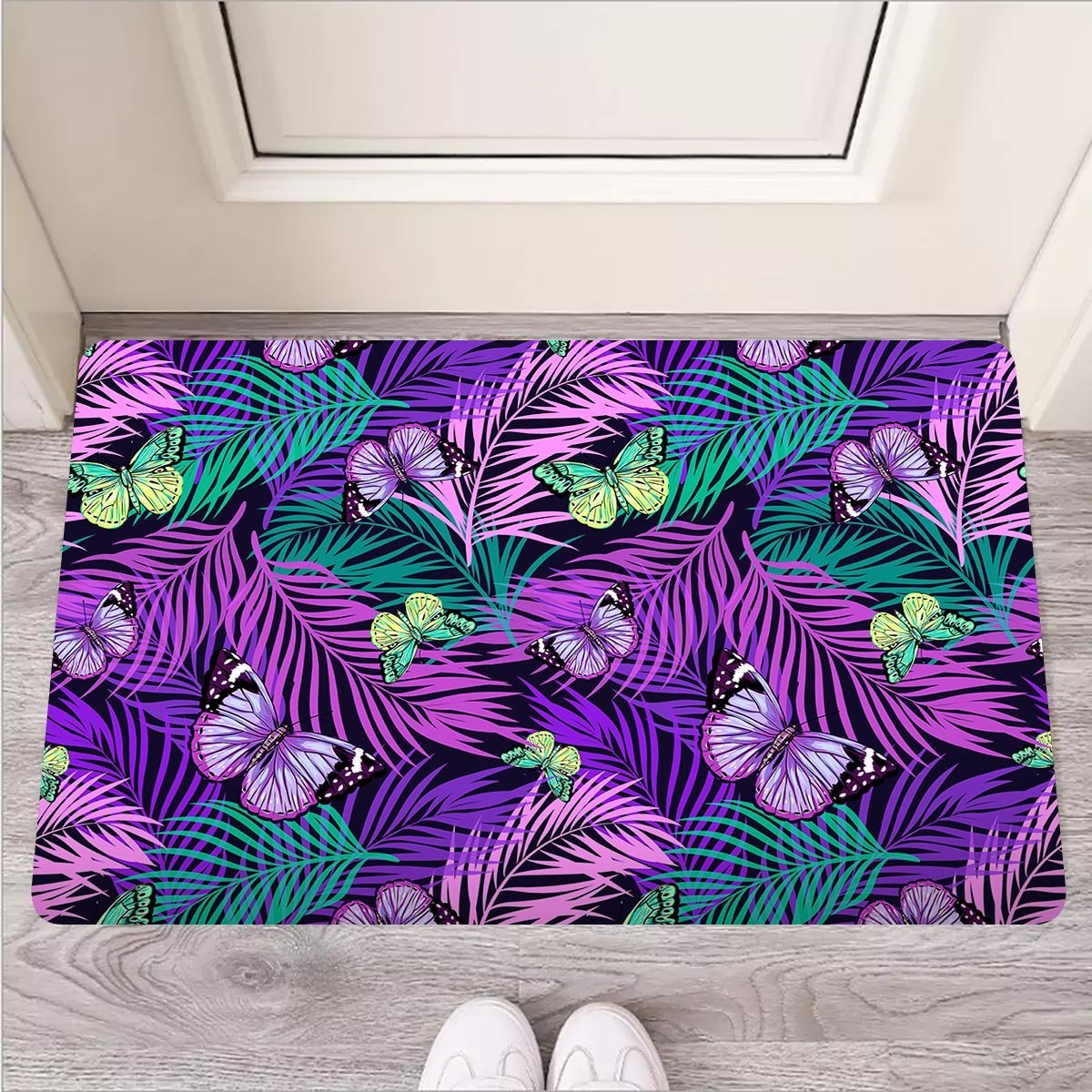 Neon Purple Tropical Palm Tree Butterfly Print Door Mat-grizzshop