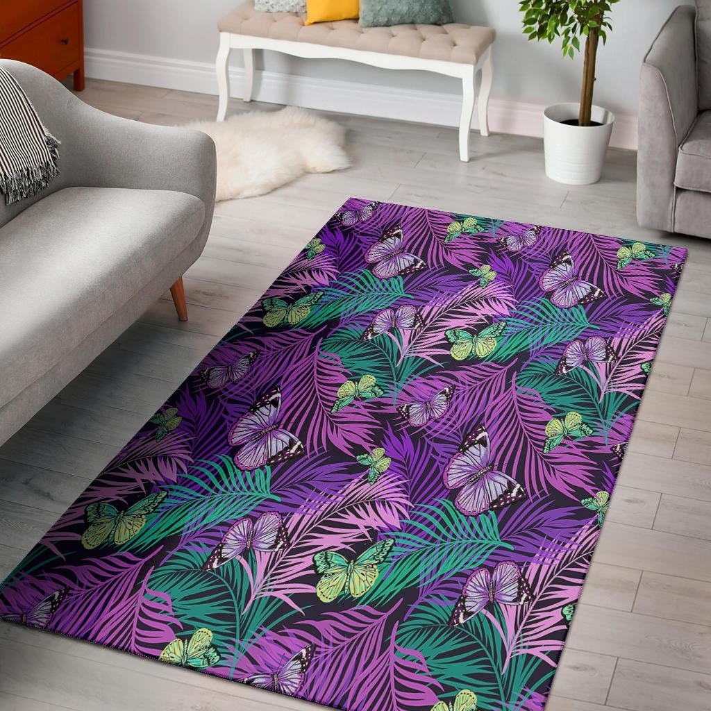 Neon Purple Tropical Palm Tree Butterfly Print Floor Mat-grizzshop