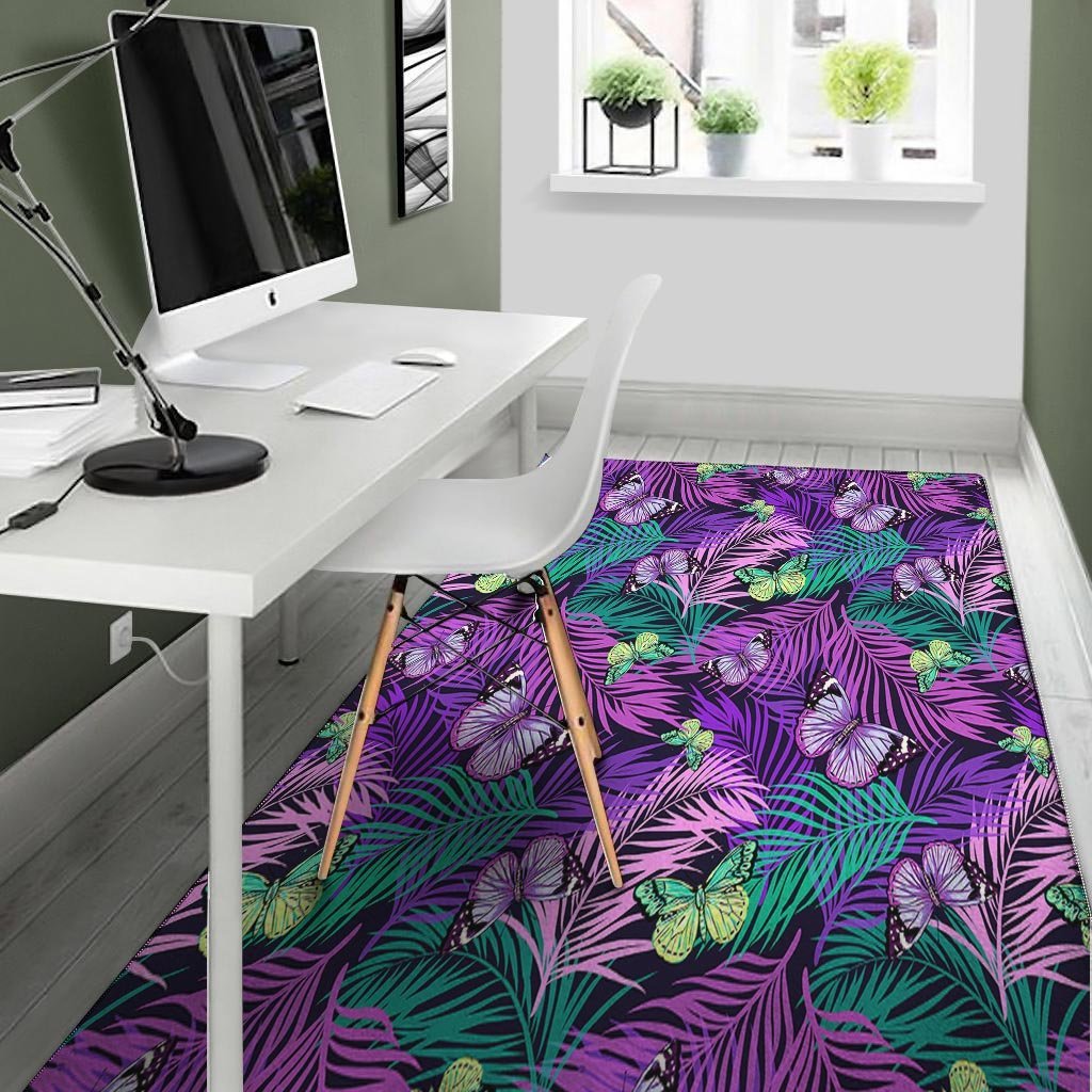 Neon Purple Tropical Palm Tree Butterfly Print Floor Mat-grizzshop