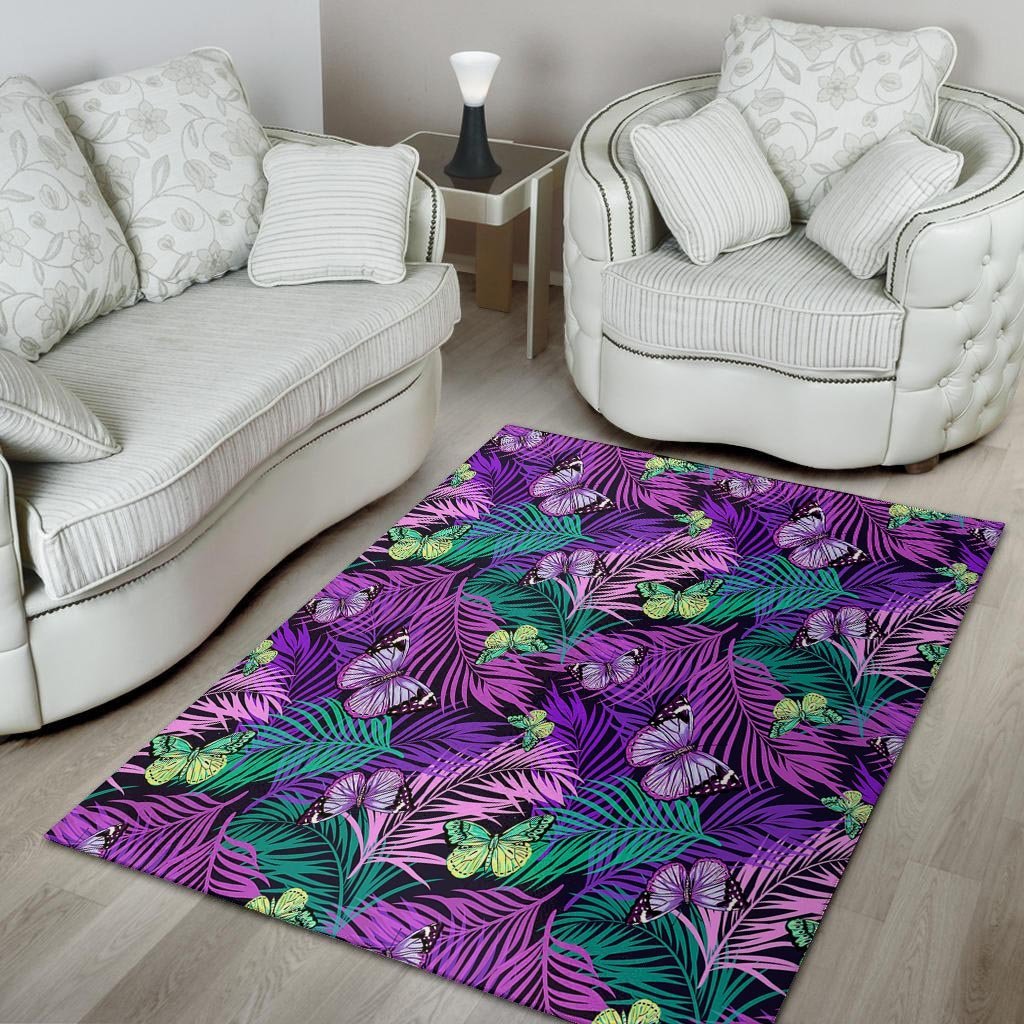 Neon Purple Tropical Palm Tree Butterfly Print Floor Mat-grizzshop