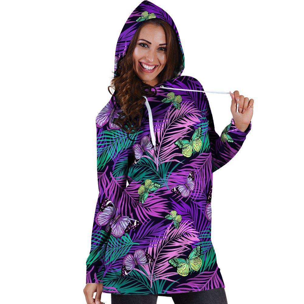 Neon Purple Tropical Palm Tree Butterfly Print Hoodie Dress-grizzshop