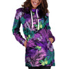 Neon Purple Tropical Palm Tree Butterfly Print Hoodie Dress-grizzshop