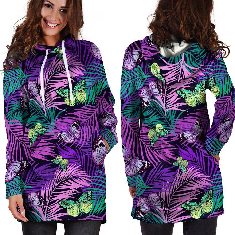 Neon Purple Tropical Palm Tree Butterfly Print Hoodie Dress-grizzshop