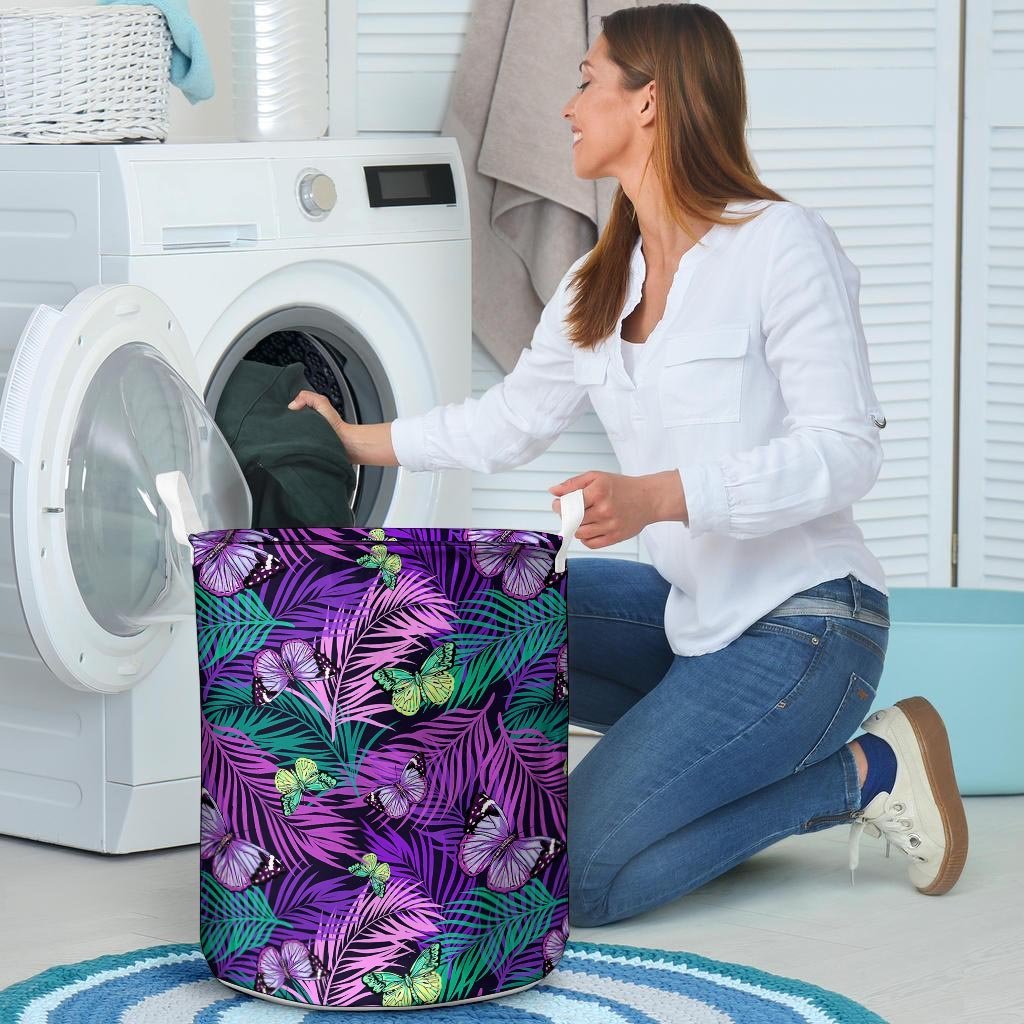 Neon Purple Tropical Palm Tree Butterfly Print Laundry Basket-grizzshop