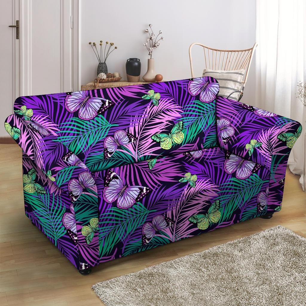 Neon Purple Tropical Palm Tree Butterfly Print Loveseat Cover-grizzshop