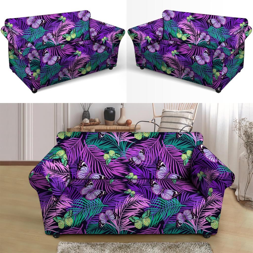 Neon Purple Tropical Palm Tree Butterfly Print Loveseat Cover-grizzshop