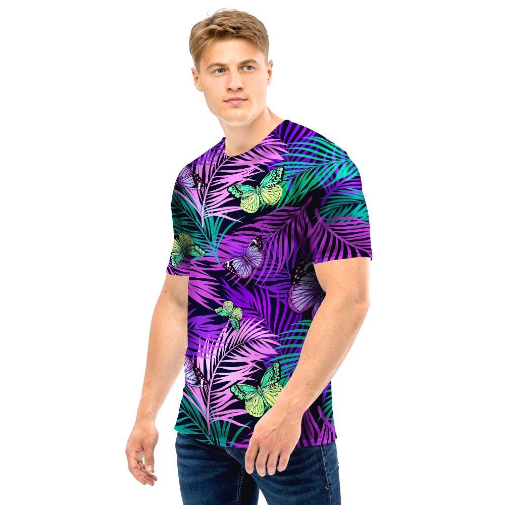 Neon Purple Tropical Palm Tree Butterfly Print Men T Shirt-grizzshop