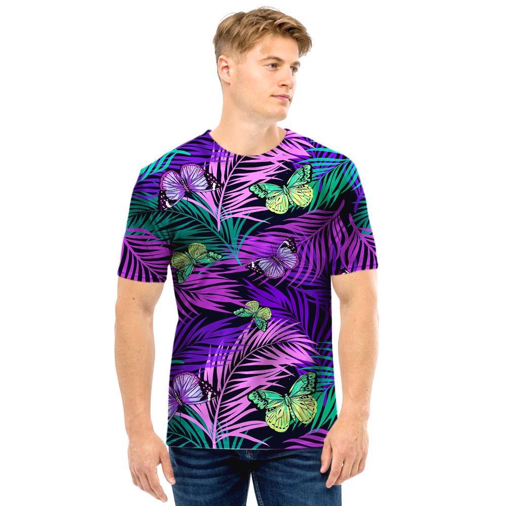 Neon Purple Tropical Palm Tree Butterfly Print Men T Shirt-grizzshop