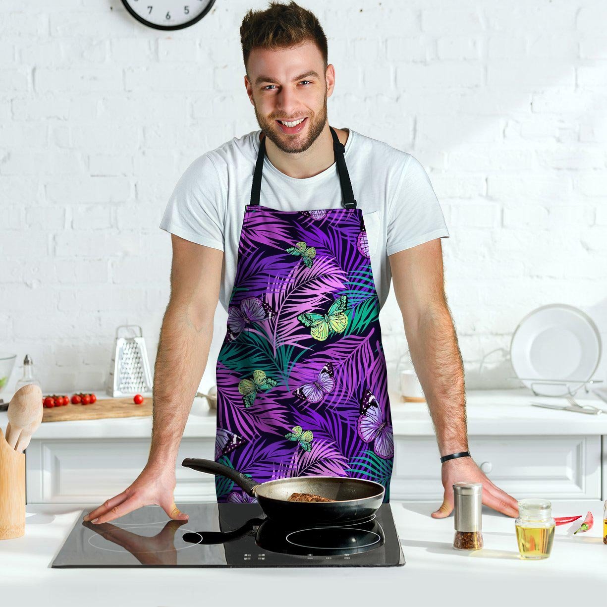 Neon Purple Tropical Palm Tree Butterfly Print Men's Apron-grizzshop