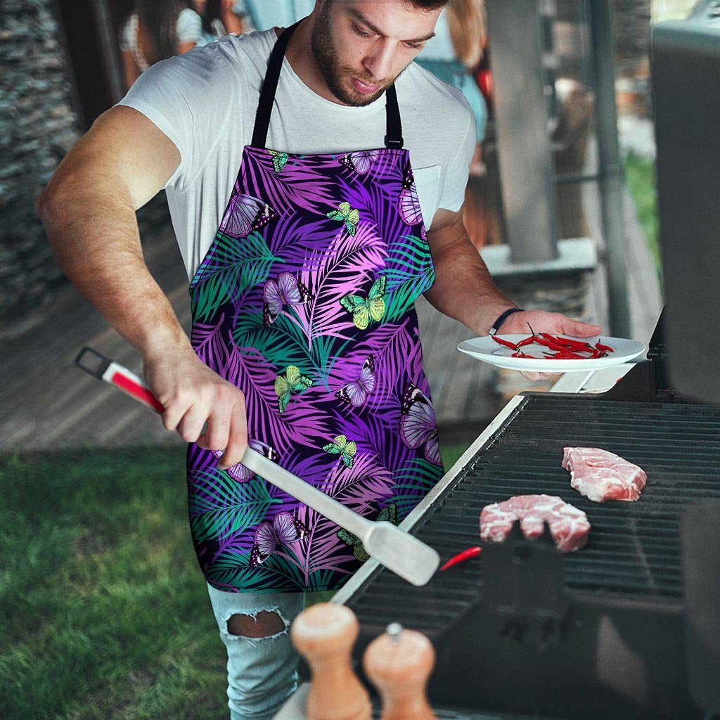 Neon Purple Tropical Palm Tree Butterfly Print Men's Apron-grizzshop