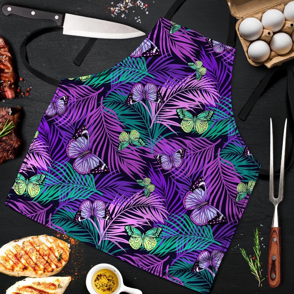 Neon Purple Tropical Palm Tree Butterfly Print Men's Apron-grizzshop