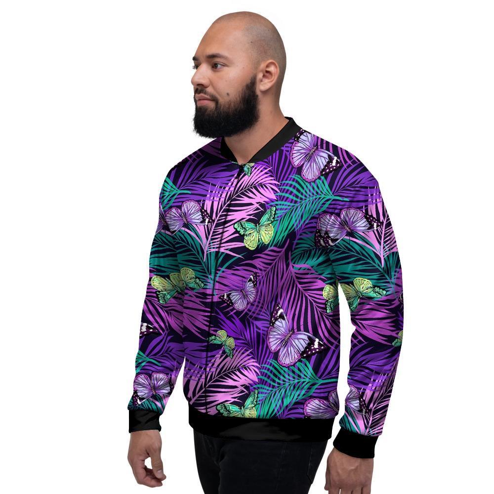 Neon Purple Tropical Palm Tree Butterfly Print Men's Bomber Jacket-grizzshop