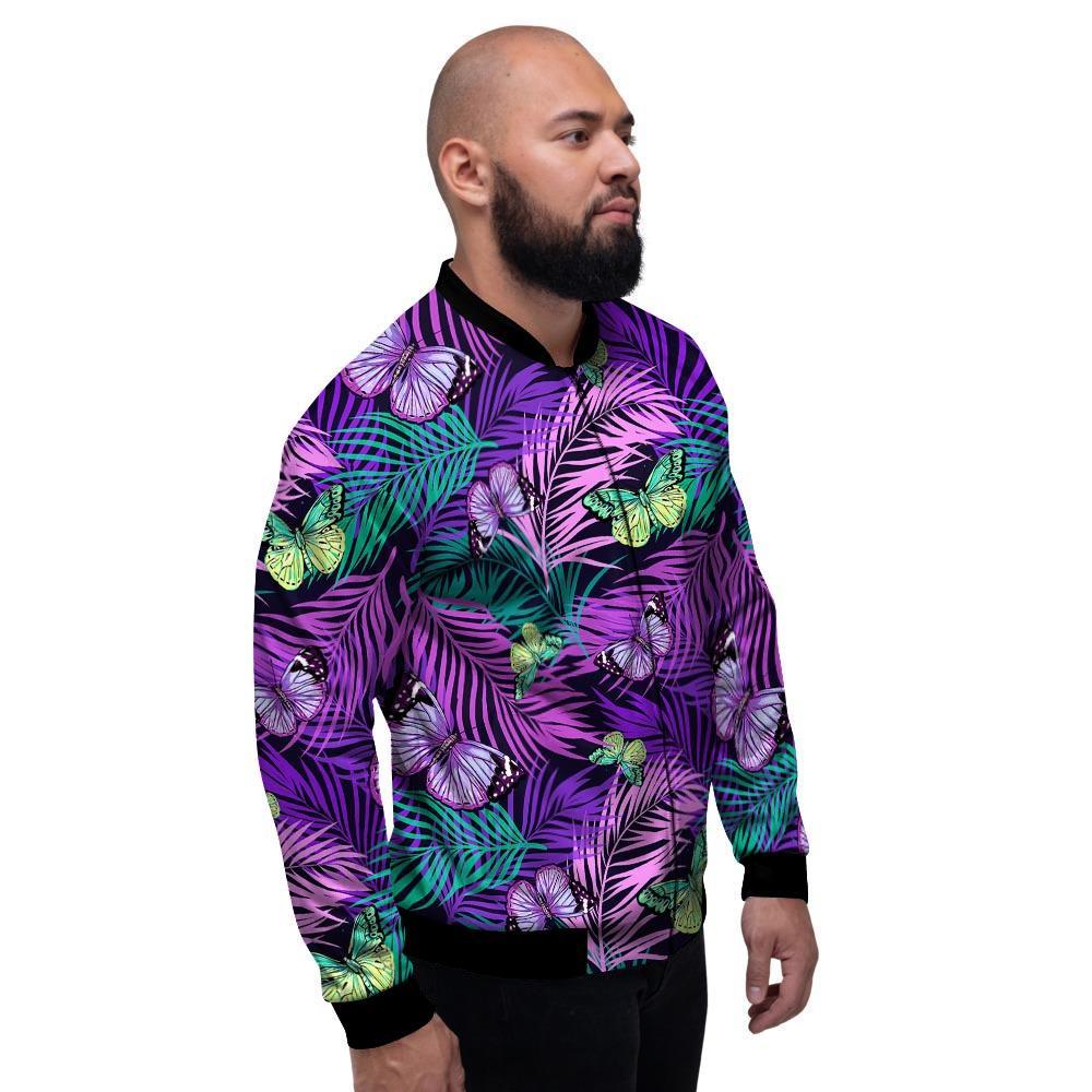 Neon Purple Tropical Palm Tree Butterfly Print Men's Bomber Jacket-grizzshop