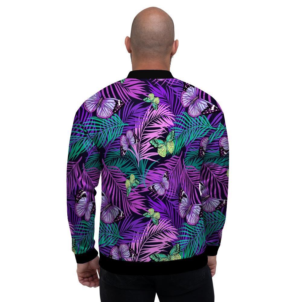 Neon Purple Tropical Palm Tree Butterfly Print Men's Bomber Jacket-grizzshop