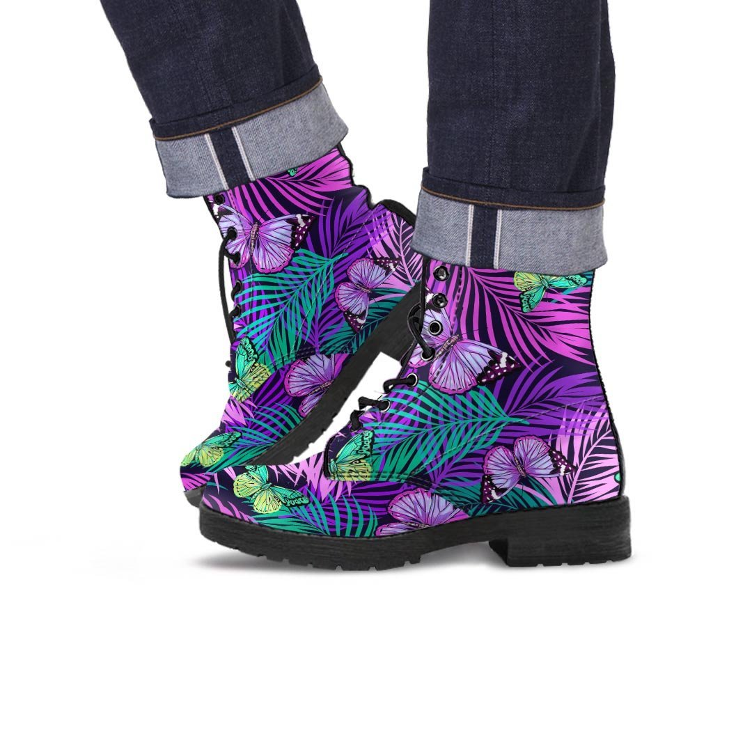 Neon Purple Tropical Palm Tree Butterfly Print Men's Boots-grizzshop