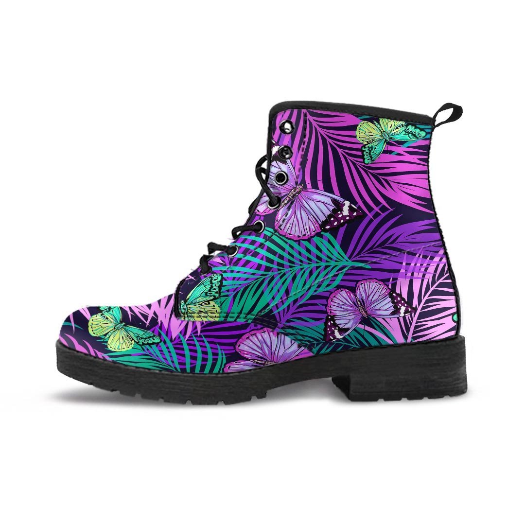 Neon Purple Tropical Palm Tree Butterfly Print Men's Boots-grizzshop