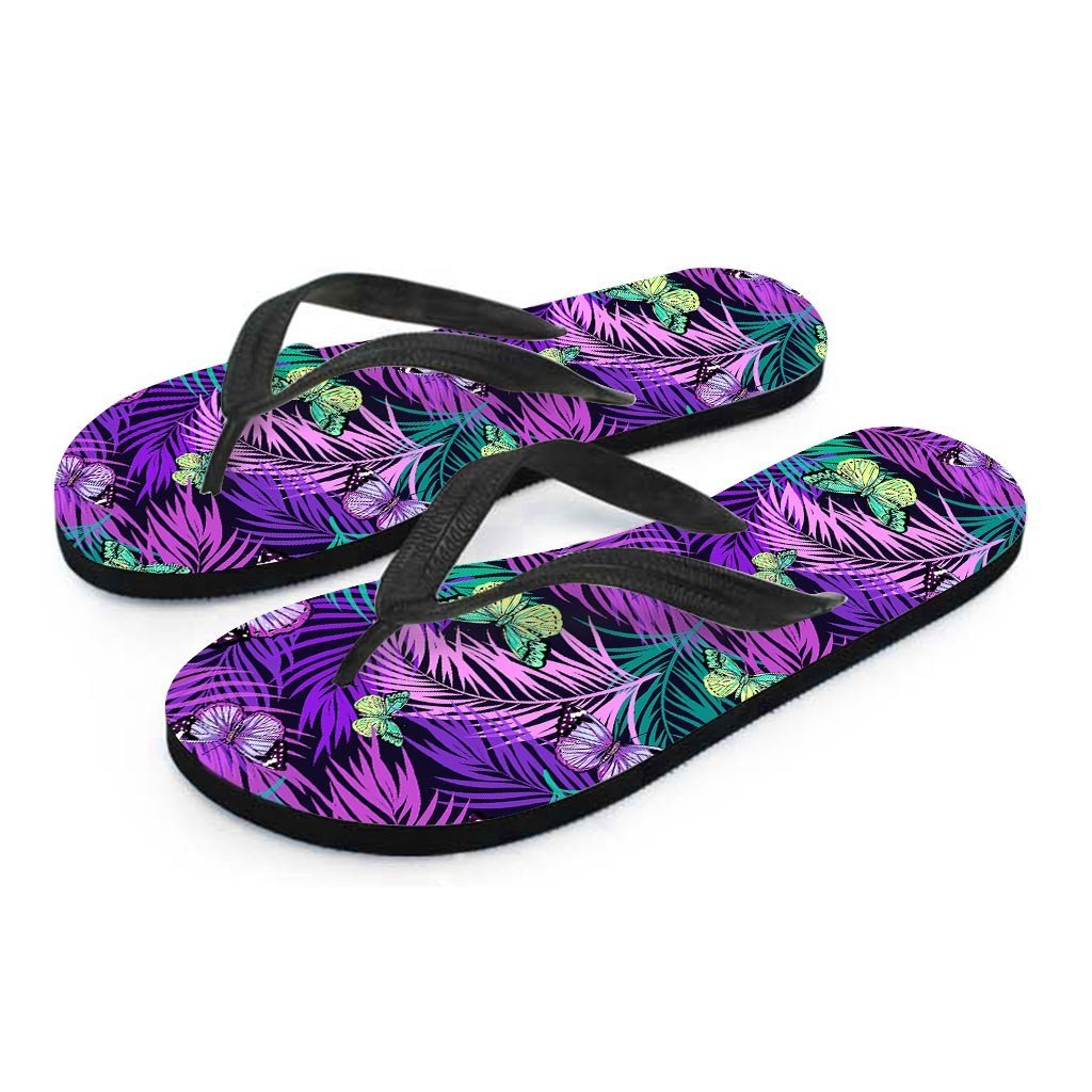 Neon Purple Tropical Palm Tree Butterfly Print Men's Flip Flops-grizzshop