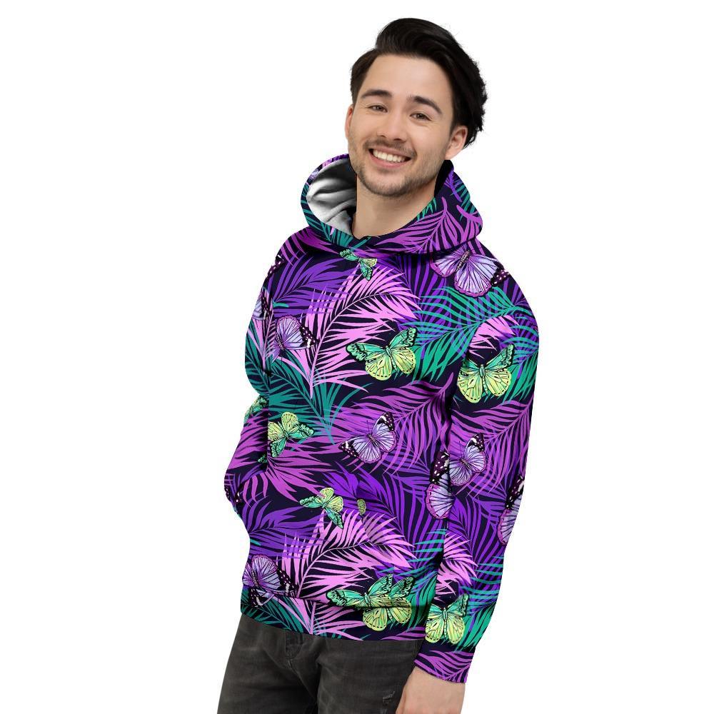 Neon Purple Tropical Palm Tree Butterfly Print Men's Hoodie-grizzshop