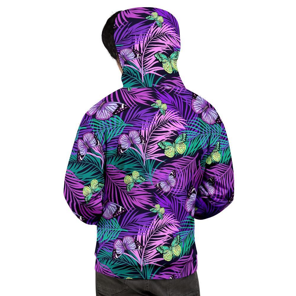 Neon Purple Tropical Palm Tree Butterfly Print Men's Hoodie-grizzshop
